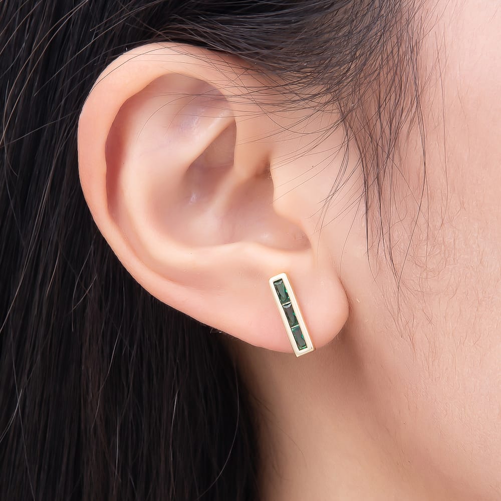 16K Gold Filled 14mm Green Baguette CZ Bar Stud Earrings in Gold & Silver | Earrings-01231 Earrings-01232