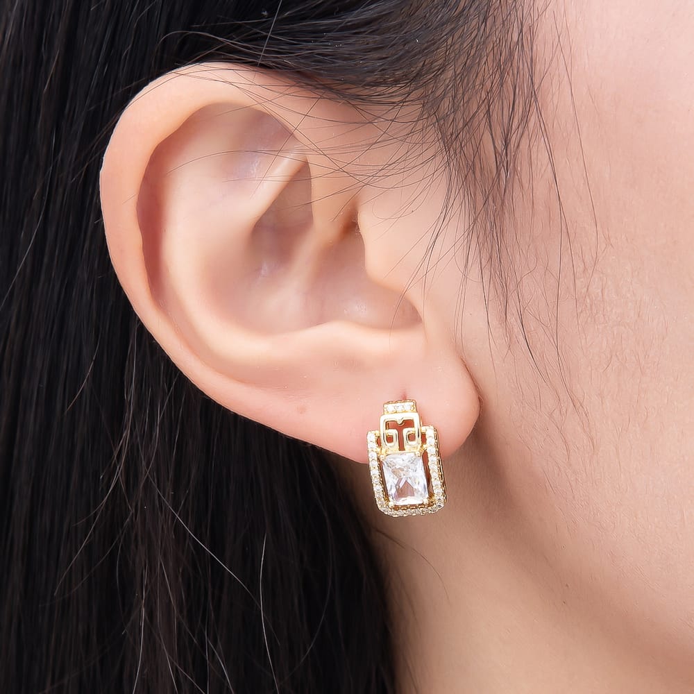 14K Gold Filled 15mm Baguette Micro Paved CZ Geometric English Lock Hoop Earrings | Earrings-01207