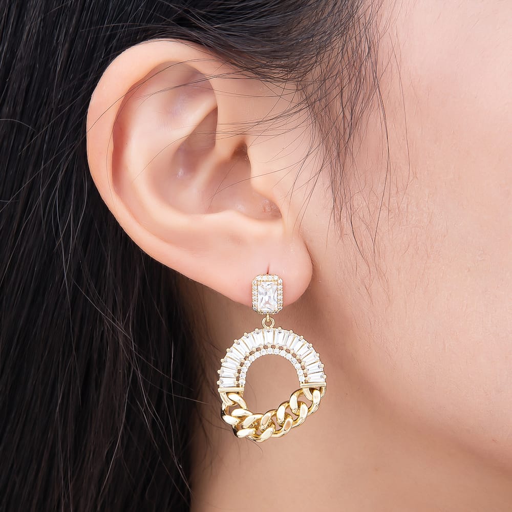 14K Gold Filled 35mm Clear Baguette CZ Curb Chain Round Drop Stud Earrings | Earrings-01214