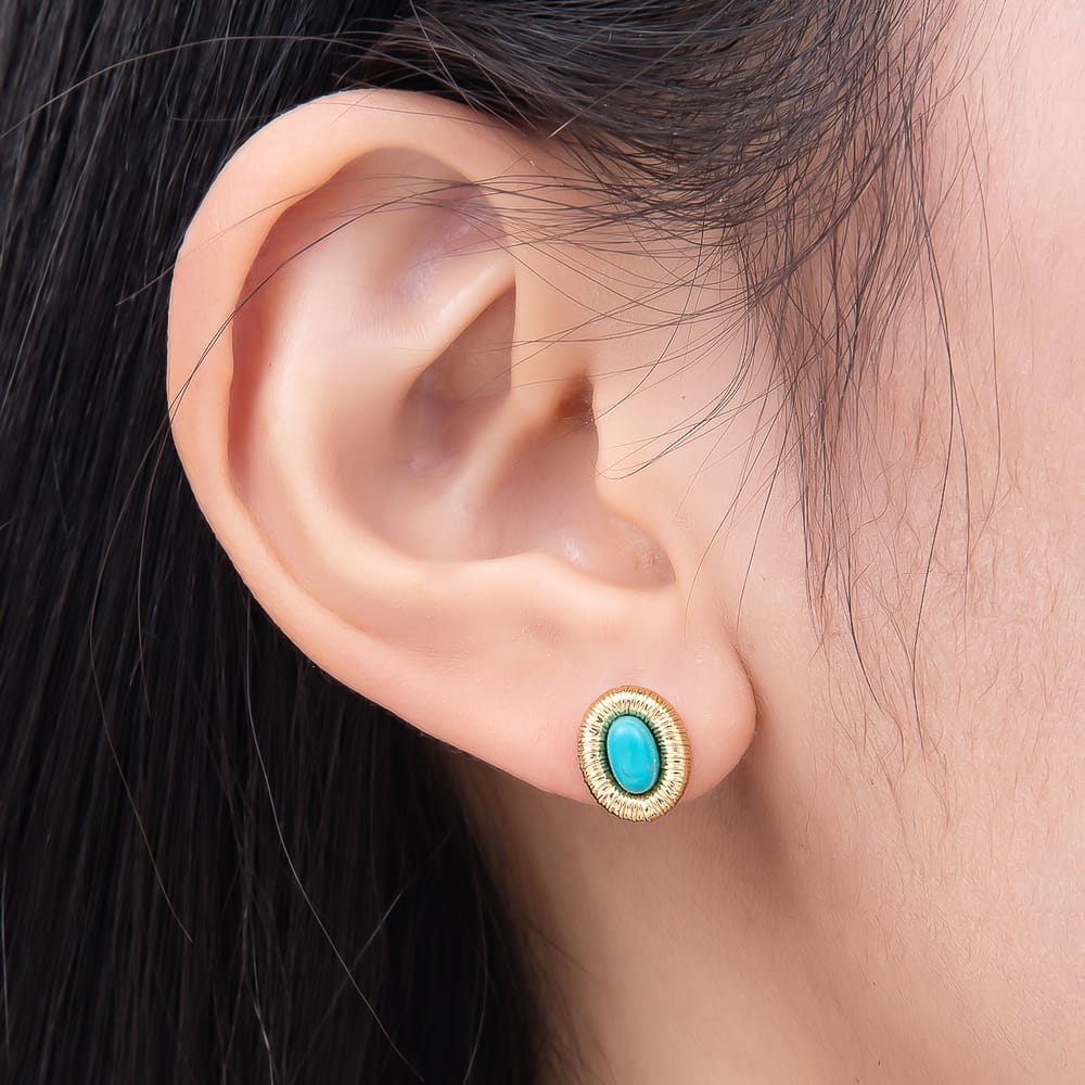 16K Gold Filled 10mm Blue Turquoise Lined Ribbed Textured Oval Bezel Stud Earrings | Earrings-01204