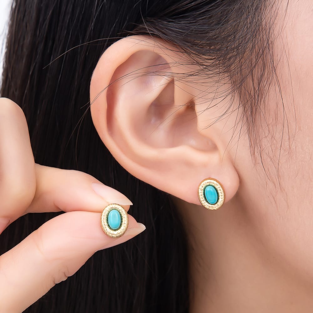16K Gold Filled 10mm Blue Turquoise Lined Ribbed Textured Oval Bezel Stud Earrings | Earrings-01204