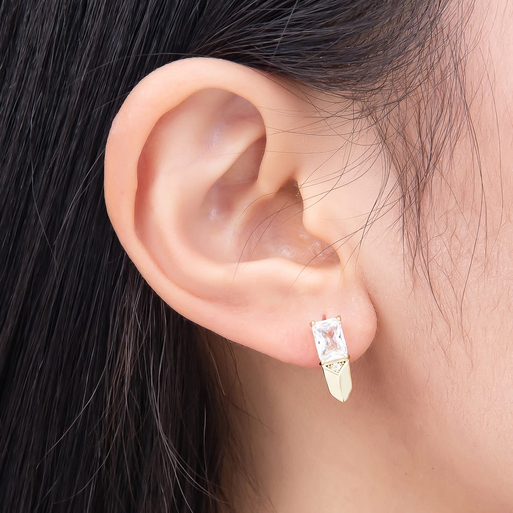 14K Gold Filled 17mm Clear Baguette CZ Edged Geometric English Lock Hoop Earrings | Earrings-01208