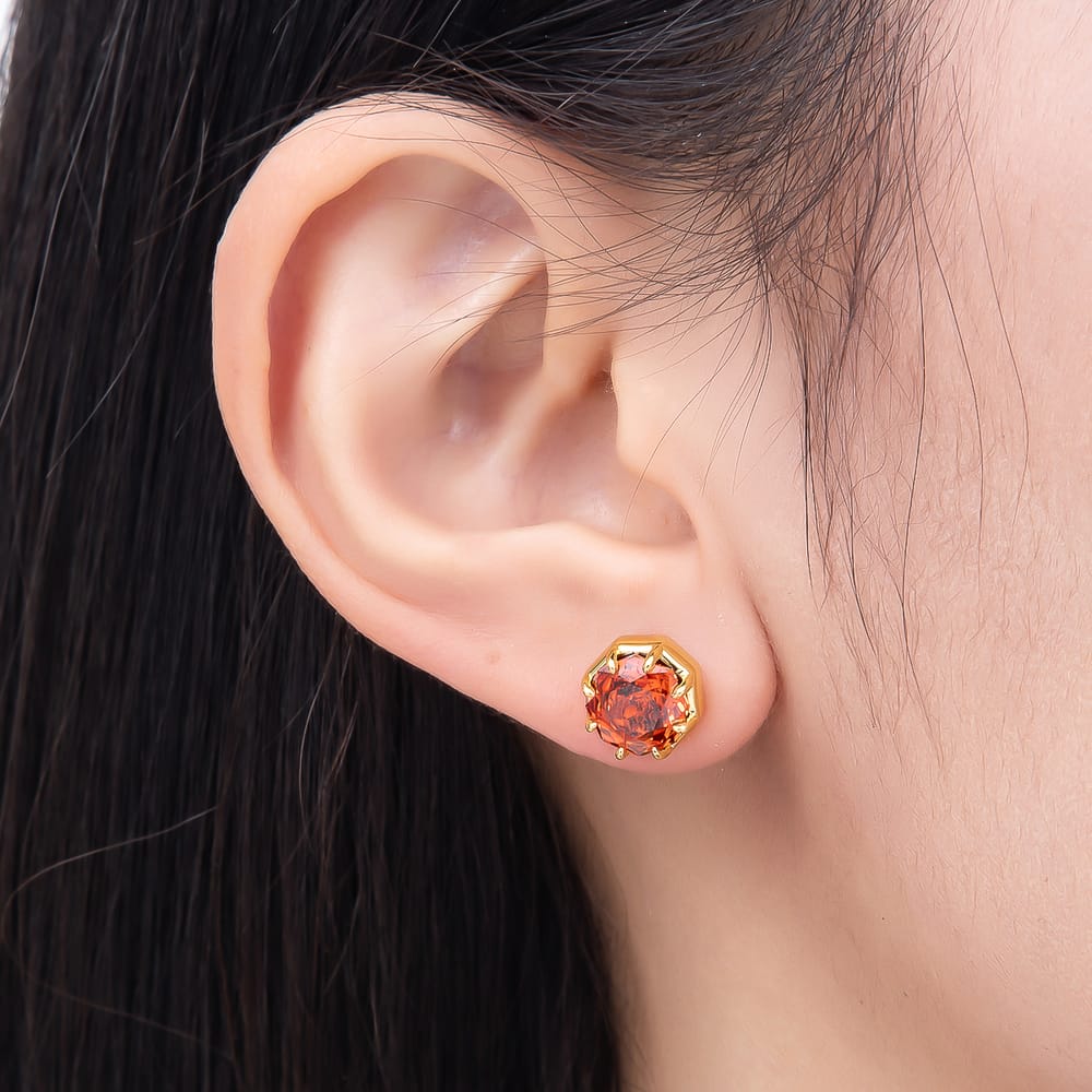 16K Gold Filled 10mm Dark Red CZ Hexagon Prong Solitaire Stud Earrings | Earrings-01161