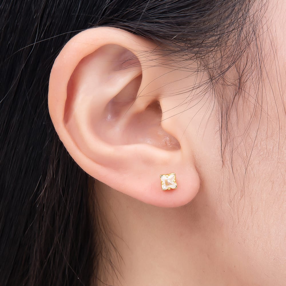 16K Gold Filled 6mm Flower Square CZ Solitaire Prong Mini Stud | Earrings-01238