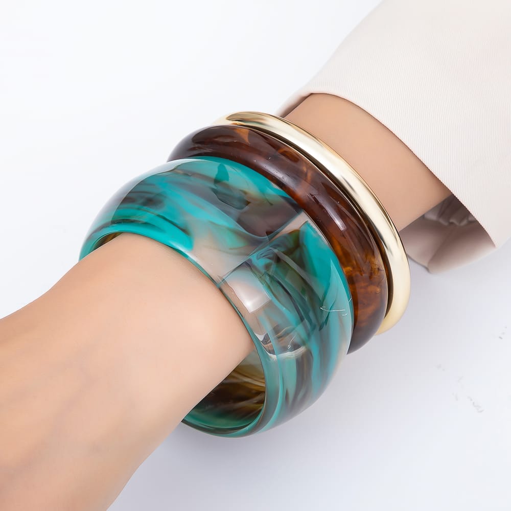 Multicolor Marble Resin Chunky Stacked Triple Bangle Set Bracelet | WA-00646 ~ WA-00649