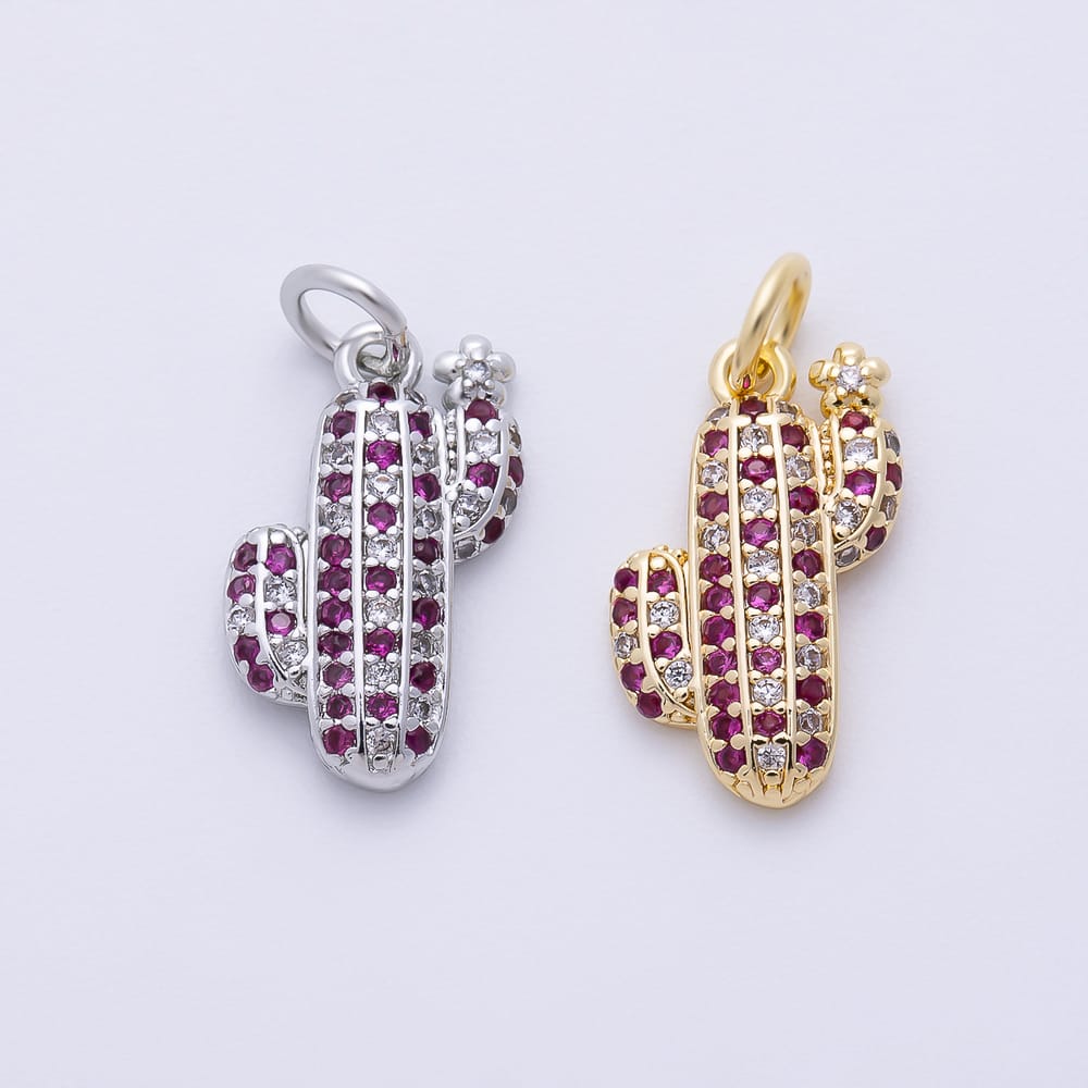 16K Gold Filled 16mm Fuchsia Micro Paved Cactus Plant Charm in Gold & Silver | Charms-02475 Charms-02476