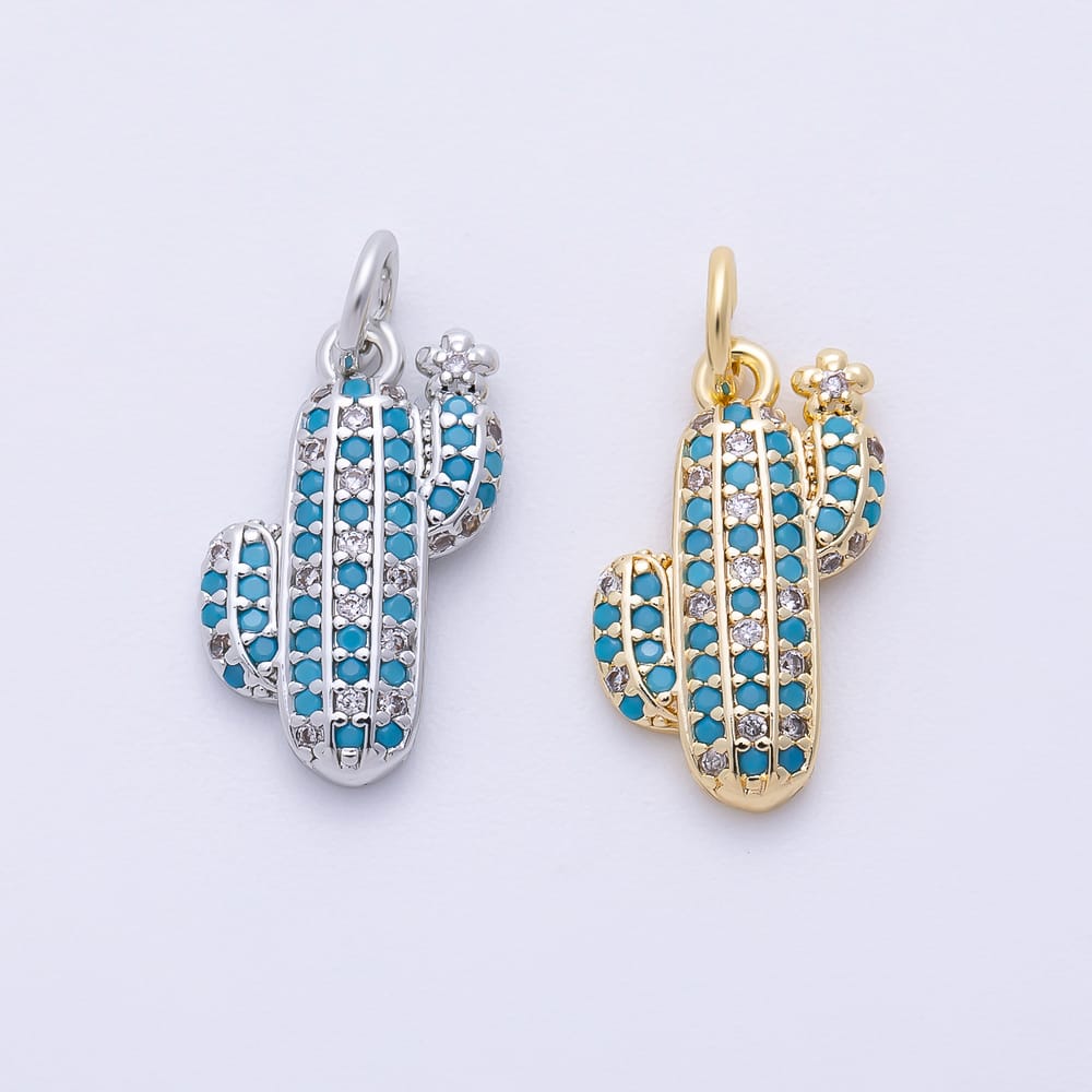 16K Gold Filled 16mm Turquoise Micro Paved Cactus Plant Charm in Gold & Silver | Charms-02473 Charms-02474