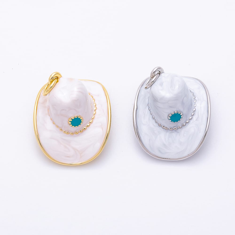16K Gold Filled 20mm White Enamel Western Cowboy Hat Charm in Gold & Silver | Charms-02574 Charms-02575
