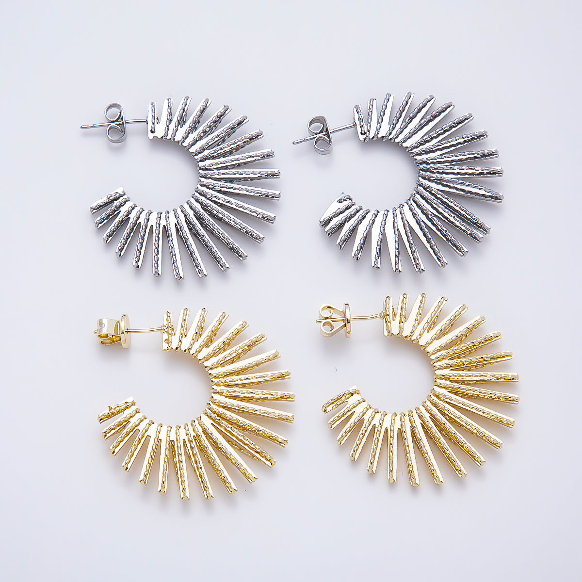 16K Gold Filled 34mm Sunburst Textured Open C- Hoop Earrings in Gold & Silver | Earrings-00809 - Earrings-00810