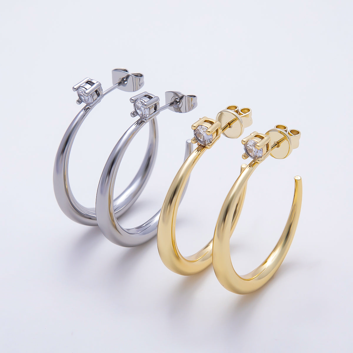 16K Gold Filled 33mm Solitaire CZ Open C- Hoop Earrings in Gold & Silver | Earrings-00811 - Earrings-00812