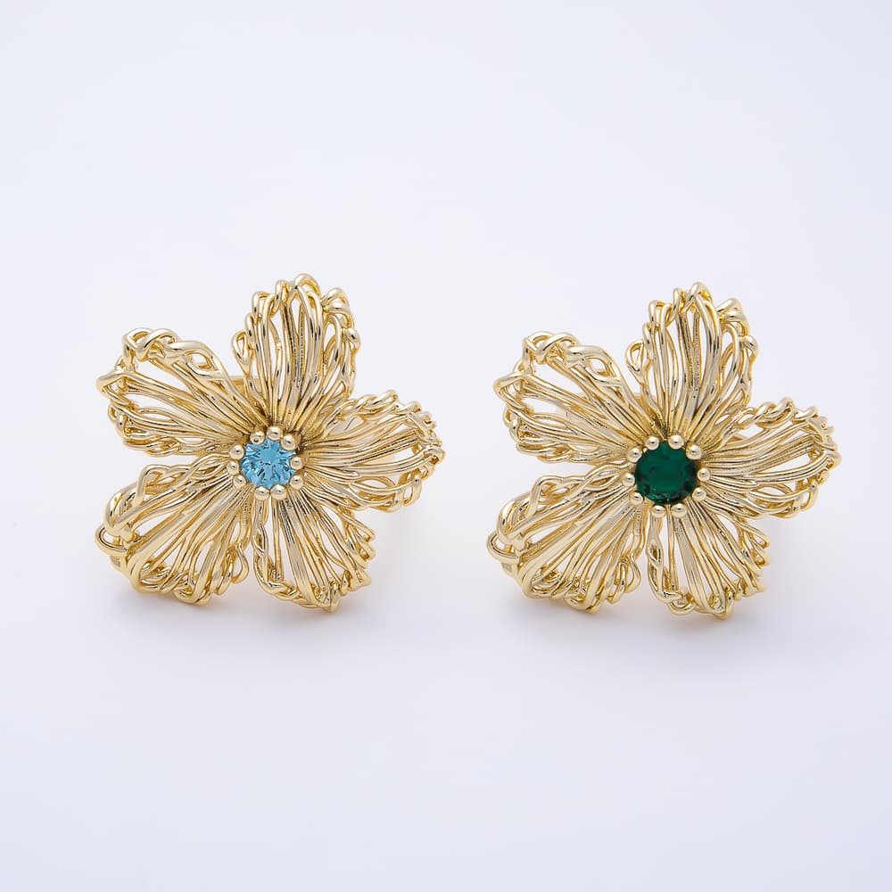 16K Gold Filled Green, Blue CZ Hollow Wire Filigree Flower Statement Adjustable Ring | Rings-00412 - Rings-00413