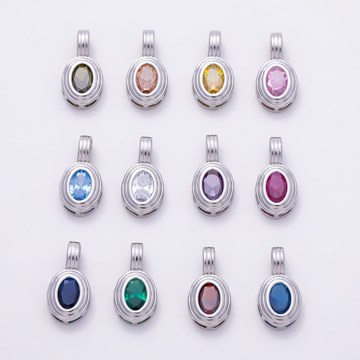 Silver 16mm Minimalist Oval Bezel CZ Birthstone Textured Bail Pendant | Charms-01829 - Charms-