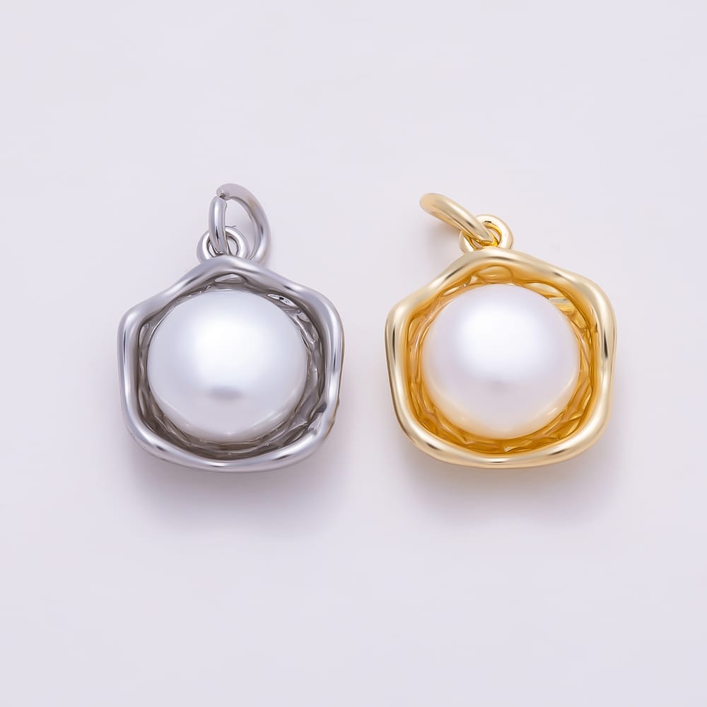 16K Gold Filled 14mm Shell Pearl Irregular Molten Bezel Round Charm in Gold & Silver | Charms-02136 Charms-02137