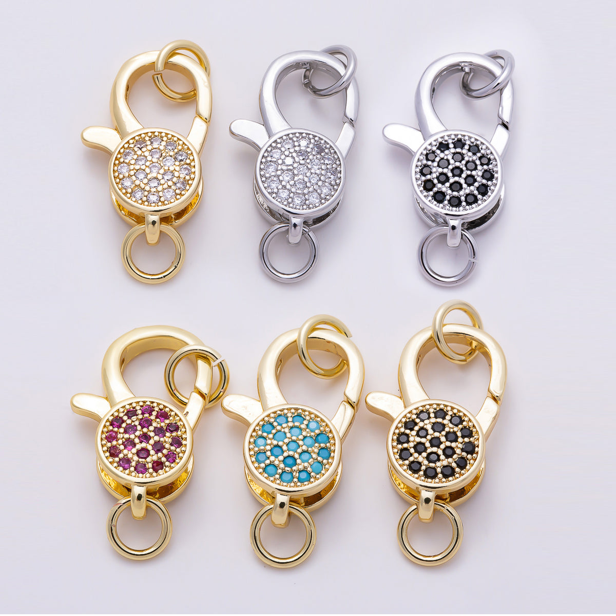 16K Gold Filled 17mm Colorful Micro Paved CZ Round Disk Swivel Lobster Clasp | Findings-00542 - Findings-00547