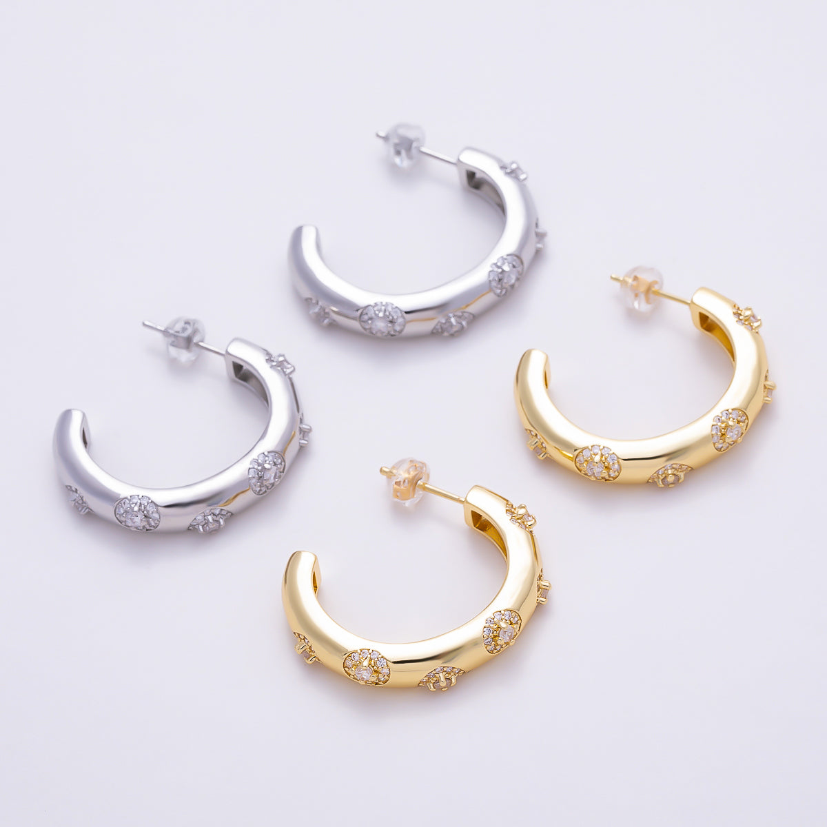 16K Gold Filled 29mm Starburst CZ Chunky Open Hoop Earrings in Gold & Silver | Earrings-00854 - Earrings-00855