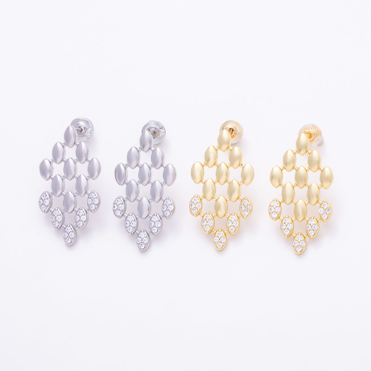 16K Gold Filled 27mm Half Micro Paved CZ Marquise Lattice Drop Stud Earrings in Gold & Silver | Earrings-00852 - Earrings-00853