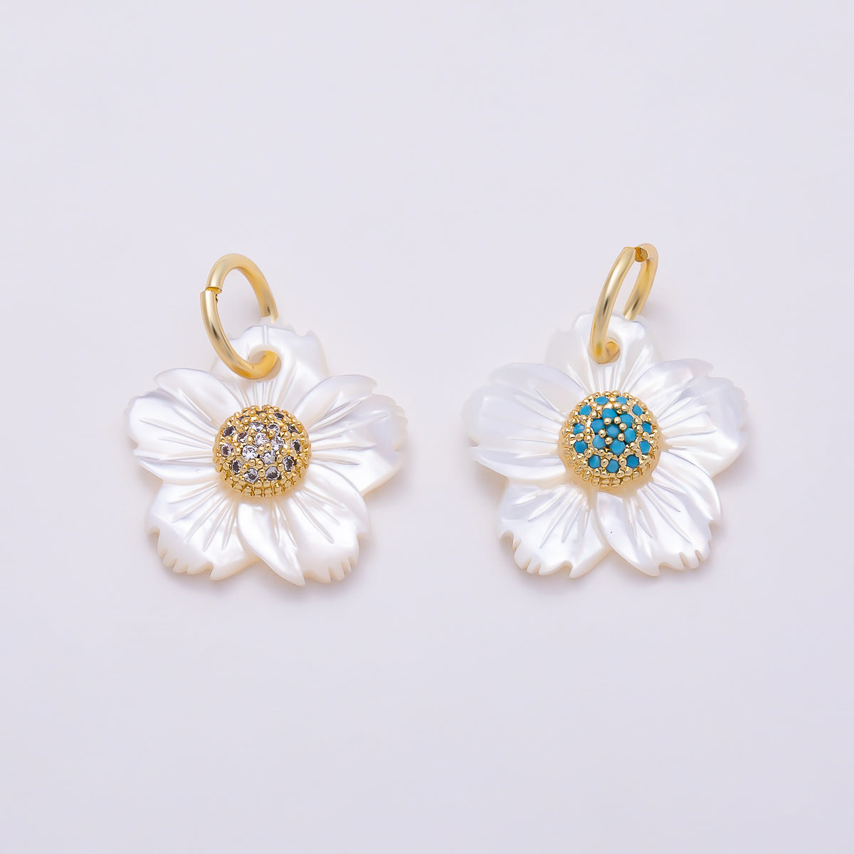 16K Gold Filled 17mm Clear & Turquoise Micro Paved CZ Mother of Pearl Cherry Blossom Flower Charm | Charms-01875 - Charms-01876