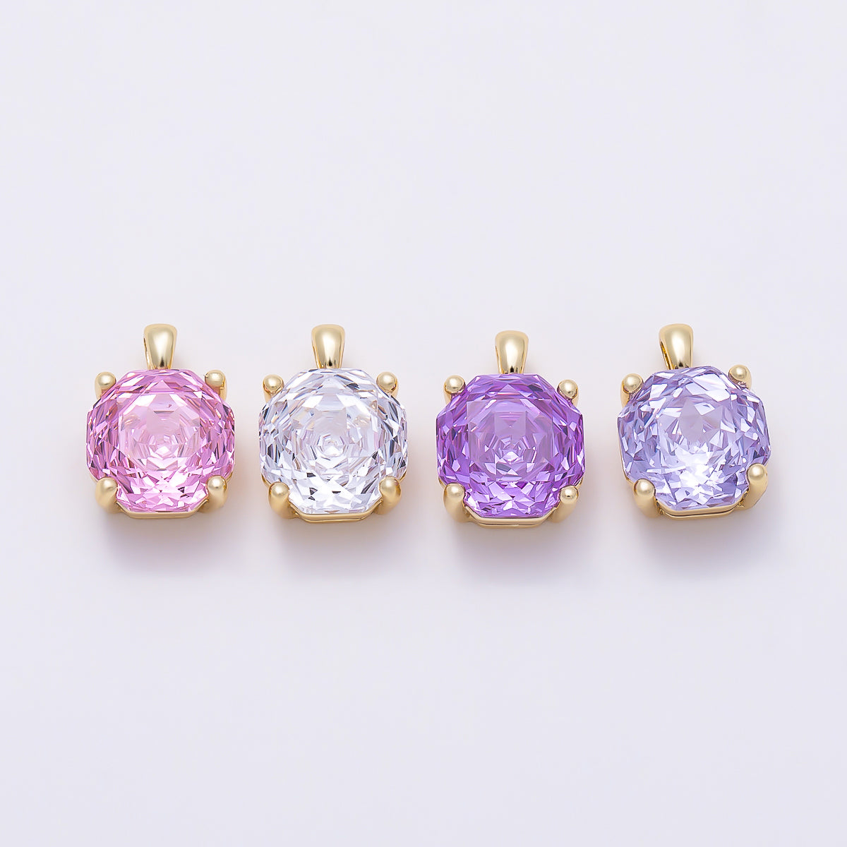 16K Gold Filled 11.5mm Purple, Clear, Pink CZ Prong Hexagon Round Pendant | Charms-01542 ~ Charms-01545