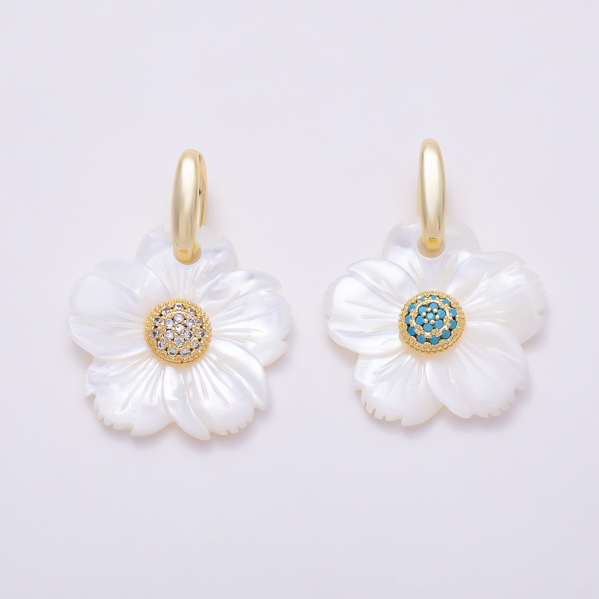 16K Gold Filled 25mm Clear & Turquoise Round Micro Paved CZ Carved Mother of Pearl Cherry Blossom Flower Pendant | Charms-01881 - Charms-01882