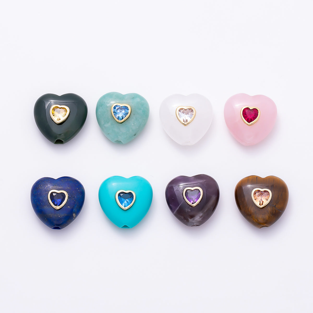16K Gold Filled 20mm Natural Gemstone Multicolor CZ Bezel Heart Beads | Beads-00552 ~ Beads-00559