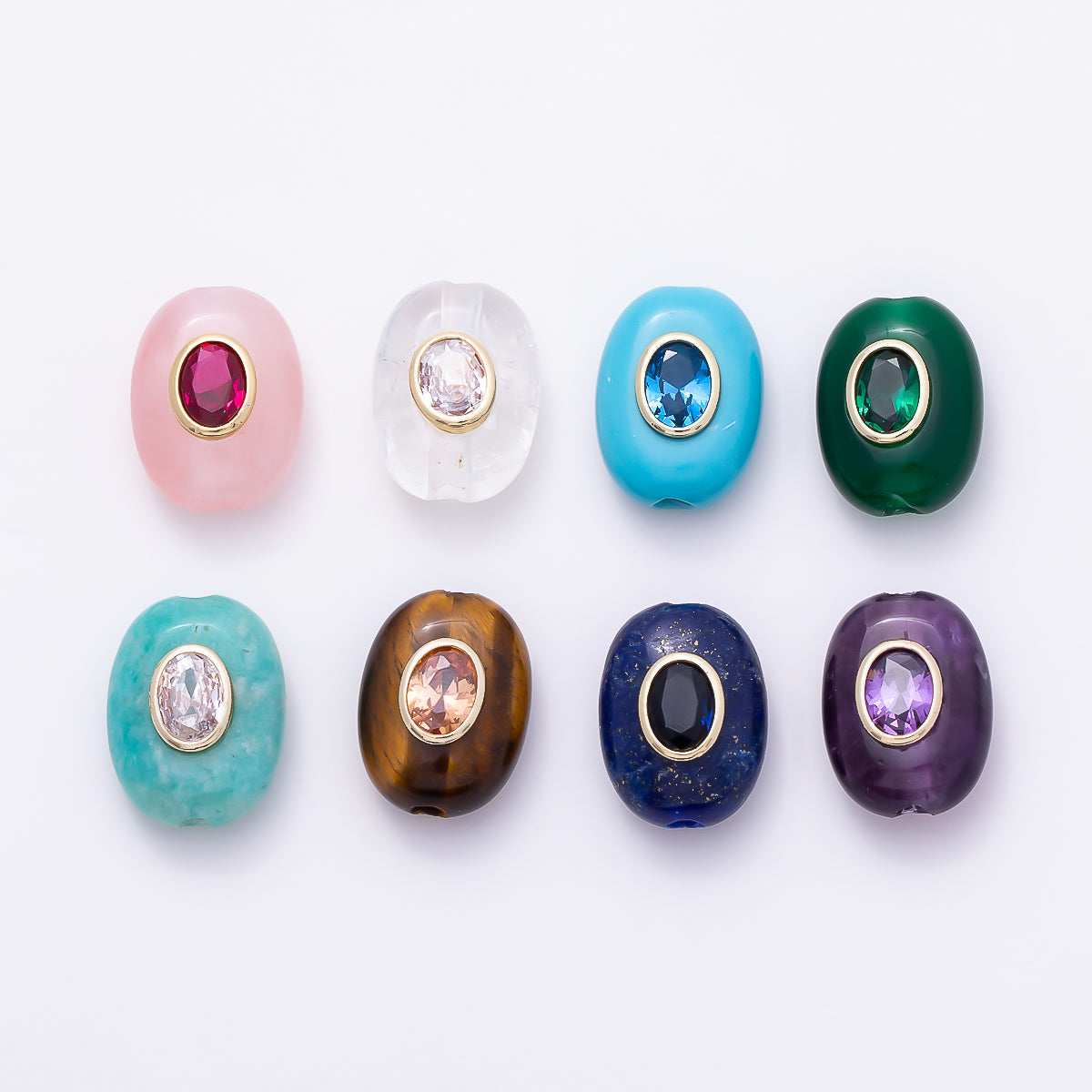 16K Gold Filled 20mm Natural Gemstone Multicolor CZ Bezel Oval Beads | Beads-00544 ~ Beads-00551