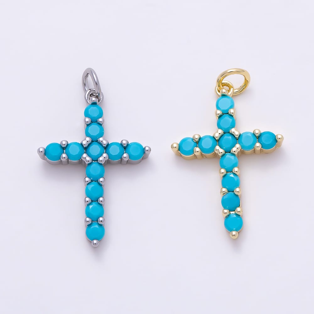 16K Gold Filled 24mm Blue Turquoise CZ Beaded Cabochon Cross Religious Charm | Charms-02121 - Charms-02122