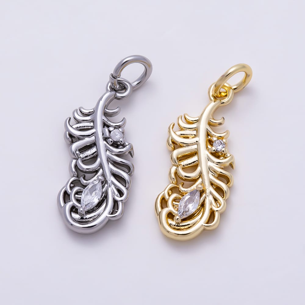 16K Gold Filled 19mm Clear CZ Curved Feather Marquise Charm | Charms-02115 - Charms-02116