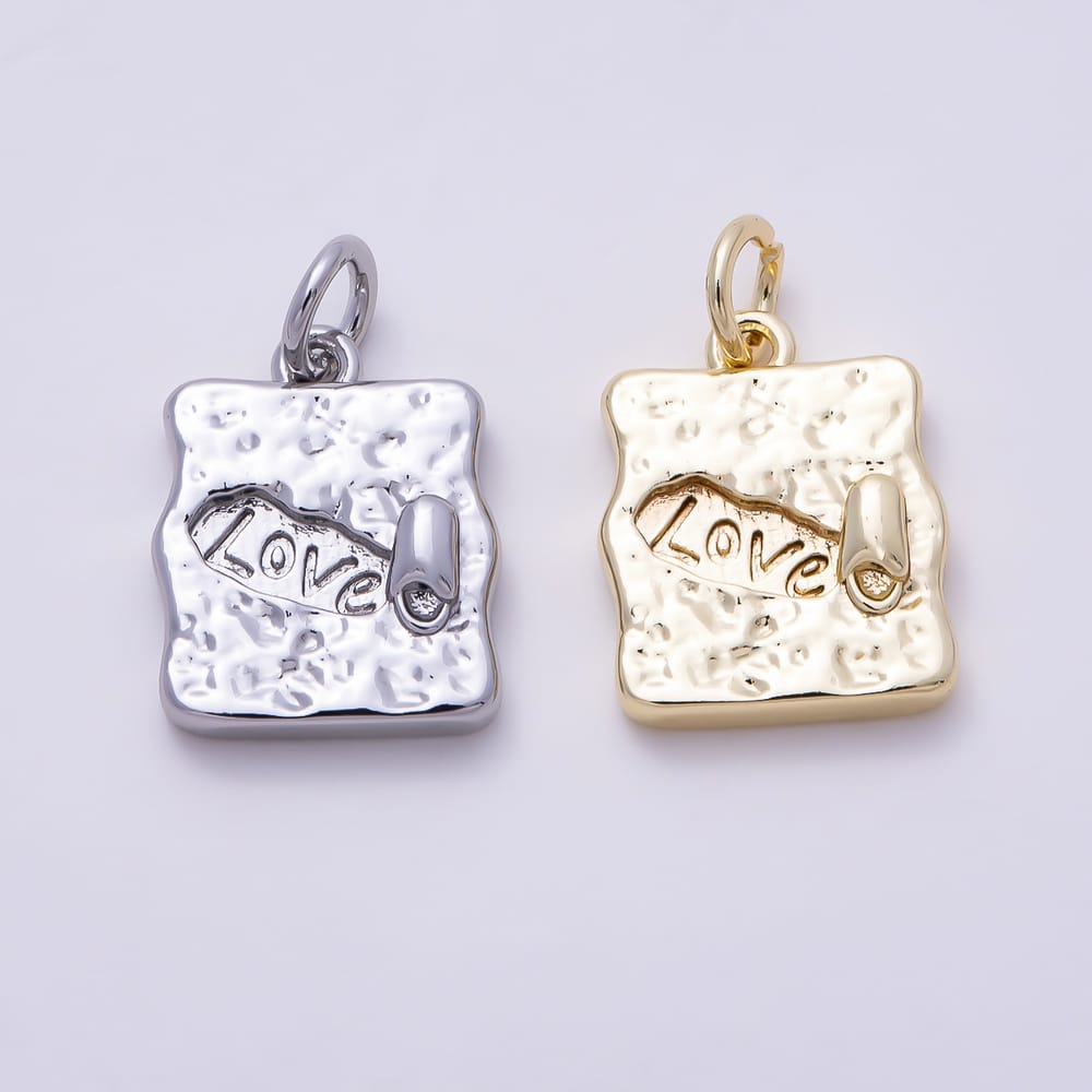 16K Gold Filled 14mm Textured Square Plate Engraved Love Tag Pendant | Charms-02138 - Charms-02139