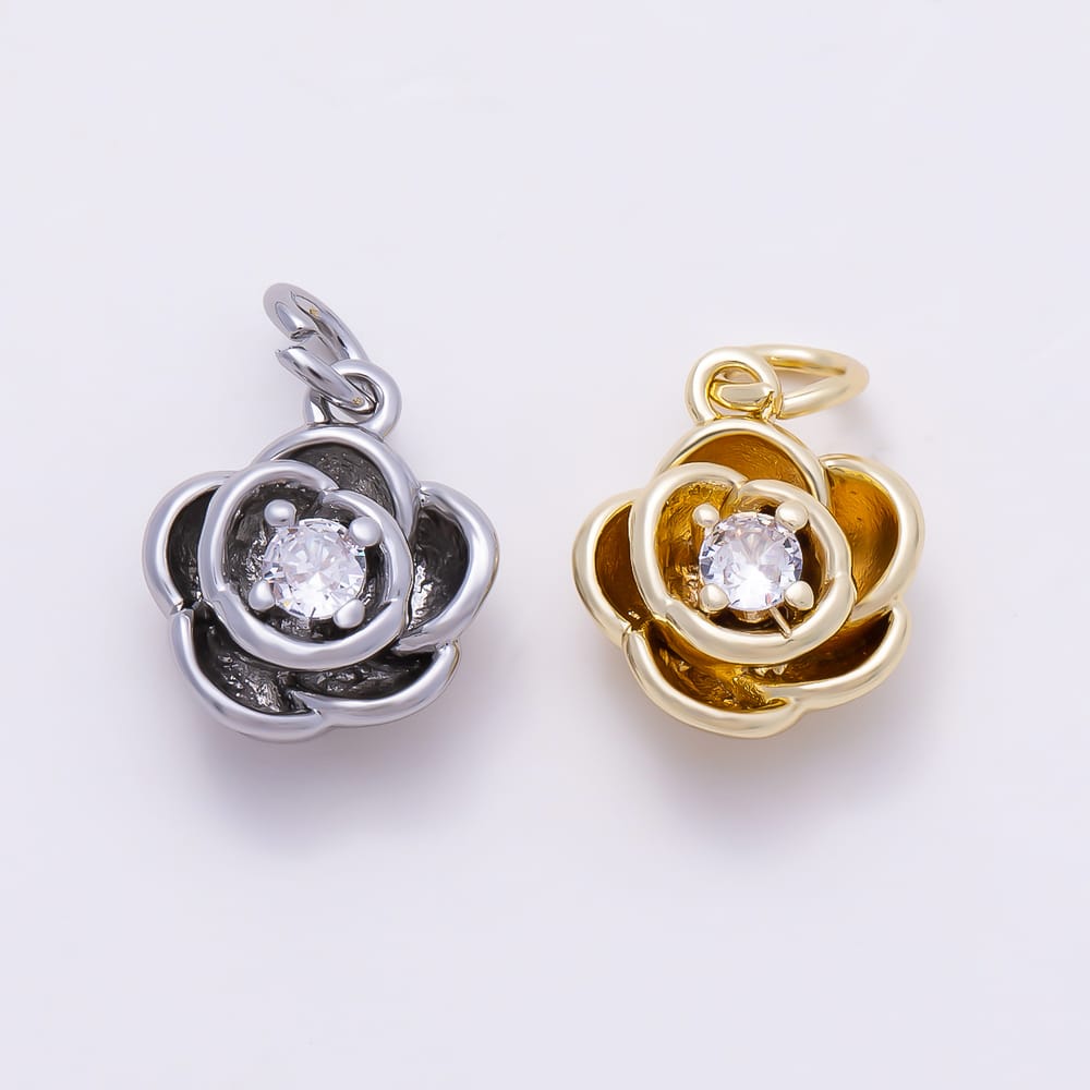 16K Gold Filled 11mm Clear CZ 3D Layered Rose Flower Mini Charm | Charms-02146 - Charms-02147