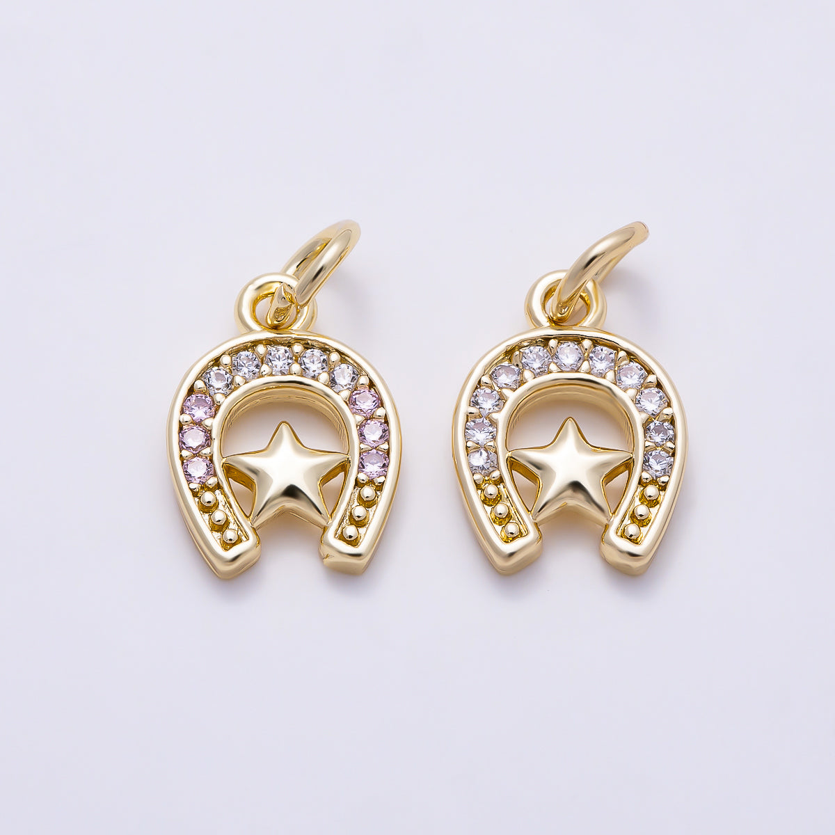 16K Gold Filled 12mm Clear & Pink Micro Paved CZ Plain Star Lucky Horseshoe Charm | Charms-01629 - Charms-01630