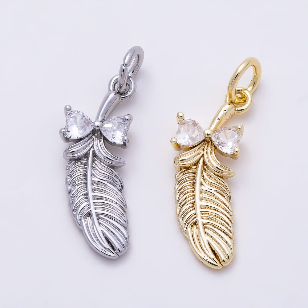16K Gold Filled 19mm Double Heart Clear CZ Textured Feather Bow Charm | Charms-02144 - Charms-02145