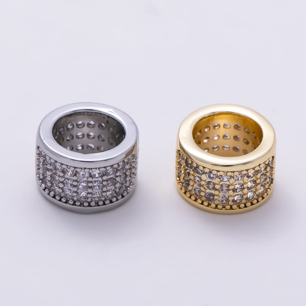 16K Gold Filled 9mm 3-Row Micro Paved CZ Rondelle Bead in Gold & Silver | Beads-00626 Beads-00627