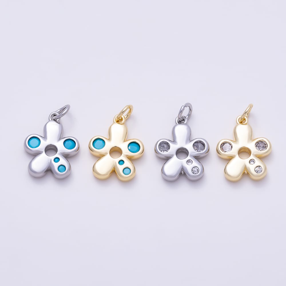 16K Gold Filled 16mm Clear and Turquoise Beaded CZ Minimalist Puffed Flower Charm | Charms-02123 - Charms-02126