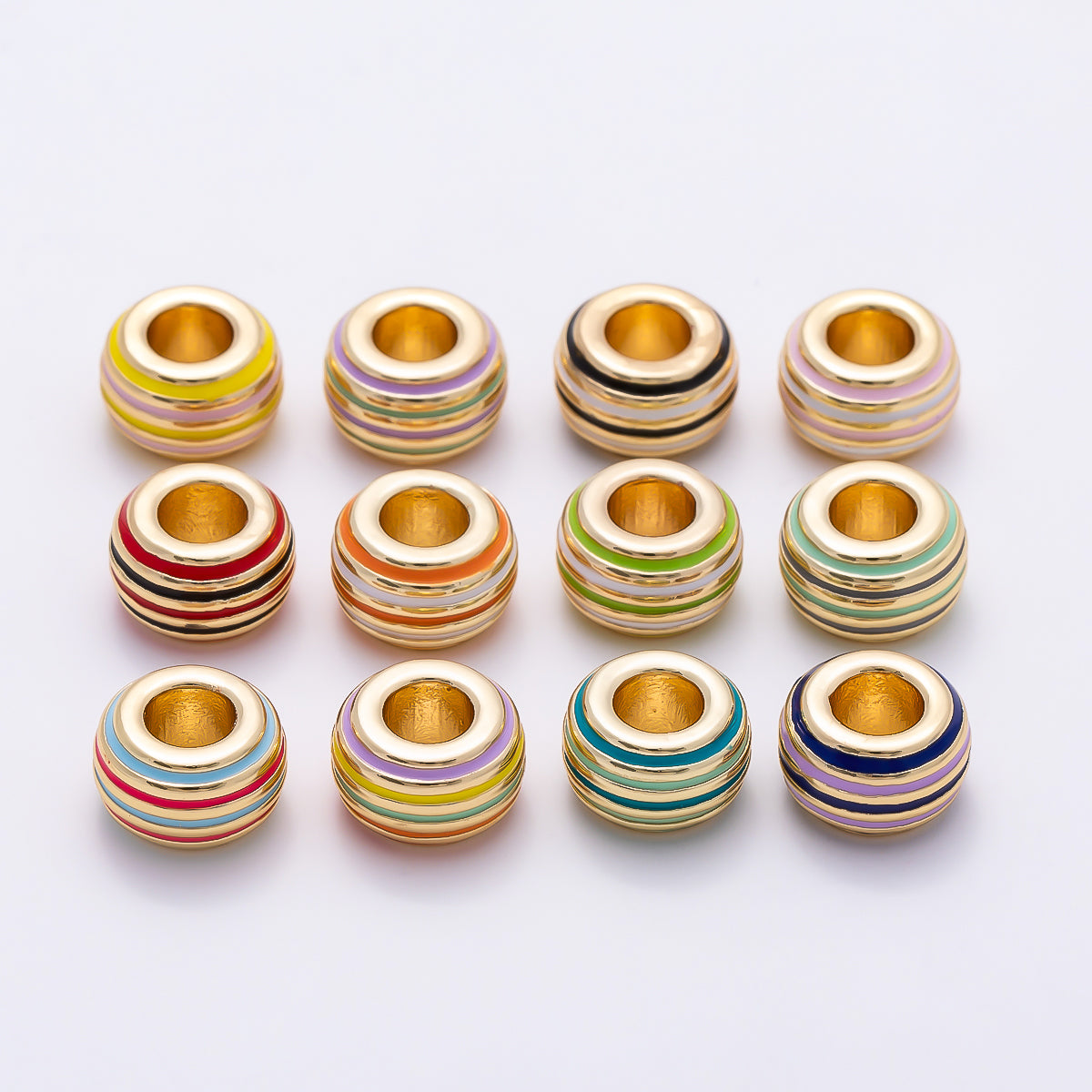 16K Gold Filled 7mm Multicolor Lined Enamel Large Hole Rondelle Bead | Beads-00490 ~ Beads-00501