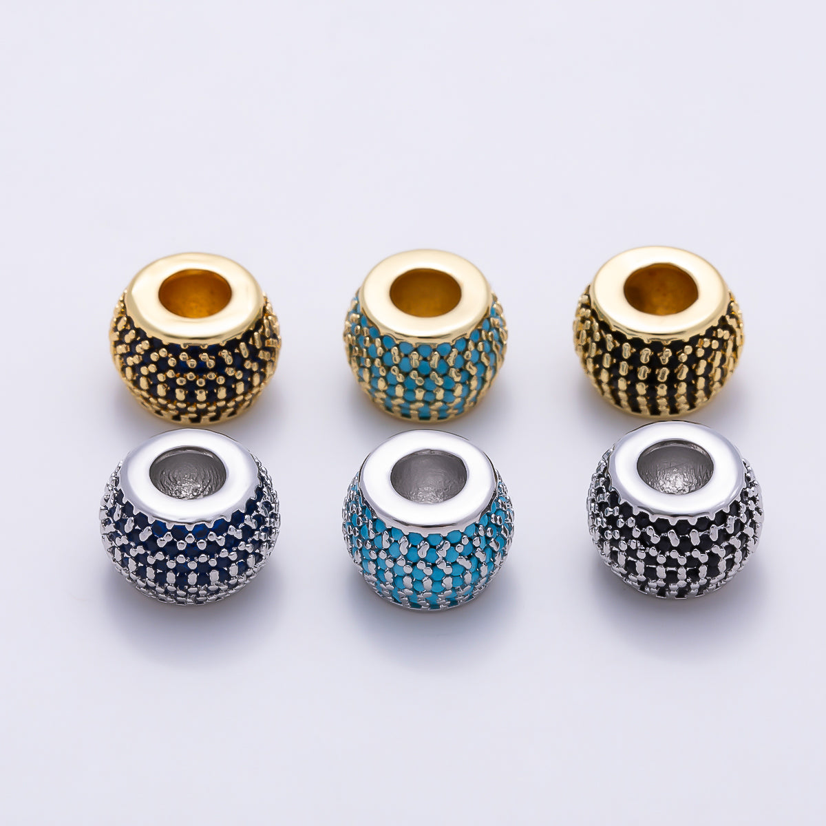 16K Gold Filled 9mm Black, Blue, Turquoise Micro Paved CZ Wide Large Hole Rondelle Bead in Gold & Silver | Beads-00521 ~ Beads-00526
