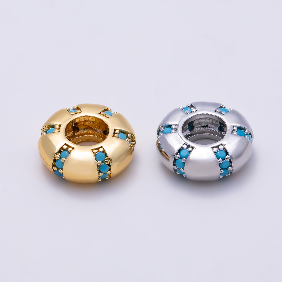 16K Gold Filled 10mm Turquoise Micro Paved Lined Rondelle Bead in Gold & Silver | Beads-00516 Beads-00517