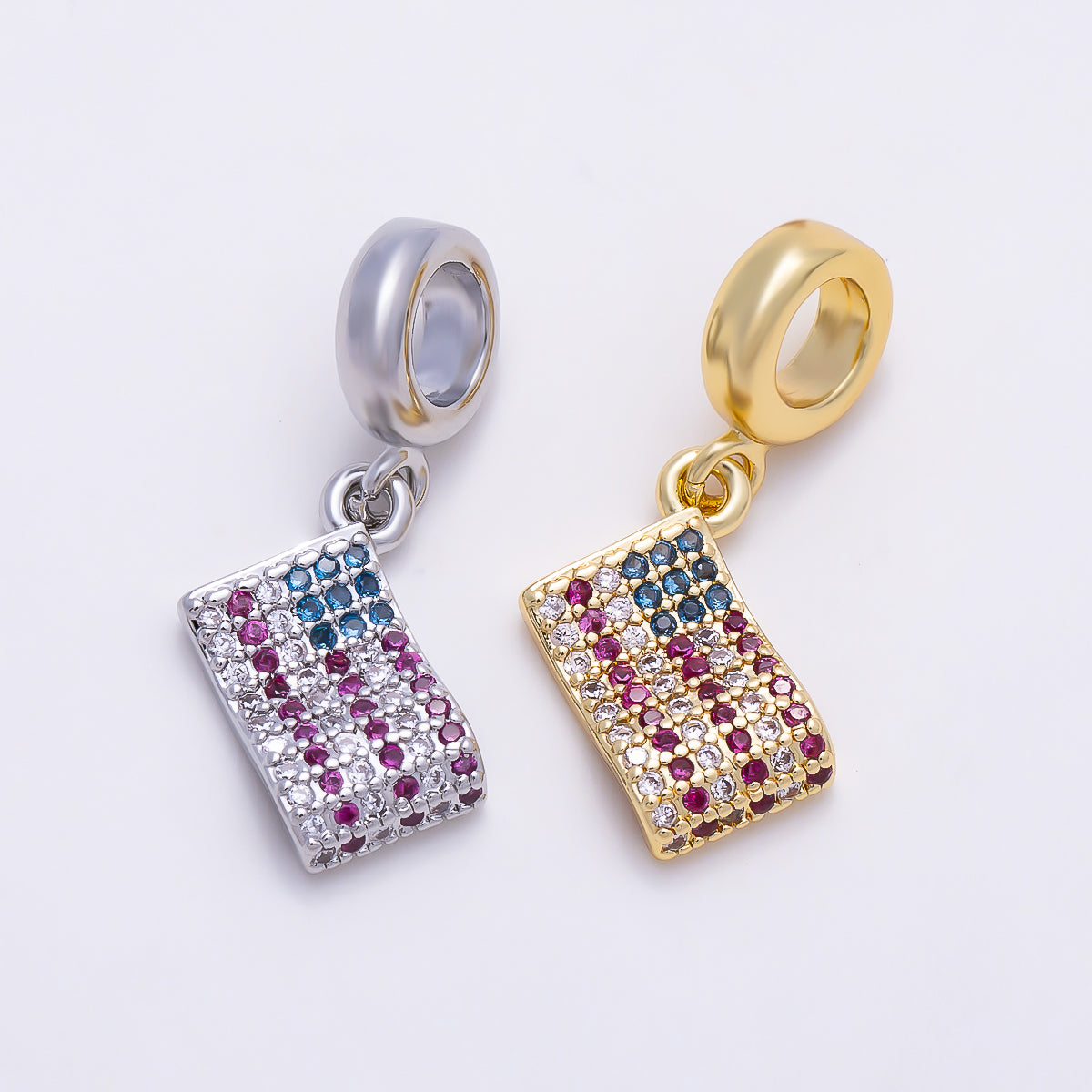 16K Gold Filled 13mm USA America Flag Micro Paved CZ Drop Rondelle Pendant in Gold & Silver | Charms-01452