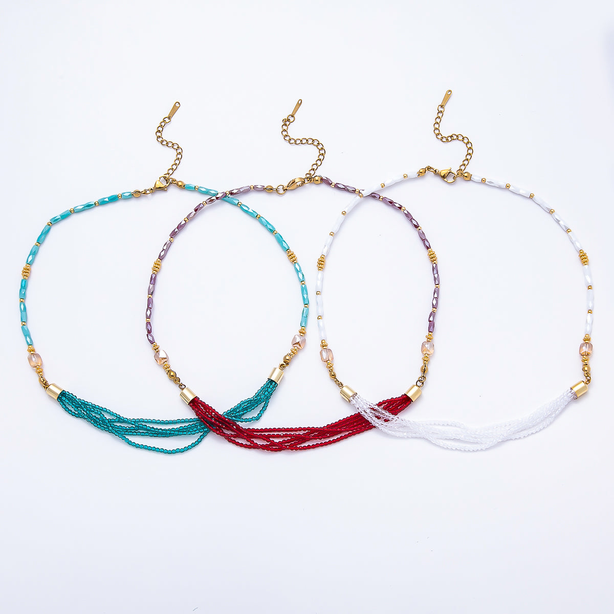 Handmade 3mm Blue, Red, White Crystal Round Tube Multi Layer Gemstone Chain 16.5 Inch Necklace | WA-00811 WA-00827 WA-00835