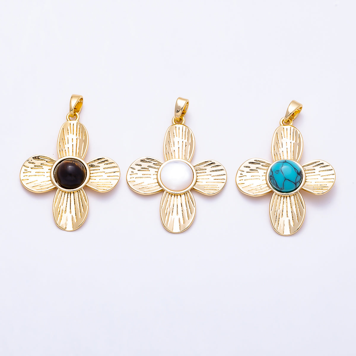 16K Gold Filled 31mm Turquoise, Tiger Eye, Shell Pearl Cabochon Line-Textured Flower Pendant | Charms-01562 ~ Charms-01564