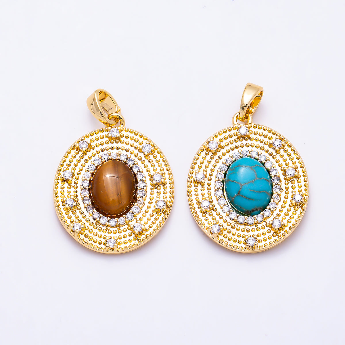 16K Gold Filled 23mm Turquoise, Tiger Eye Cabochon Micro Paved CZ Dotted Oval Pendant | Charms-01495 Charms-01496