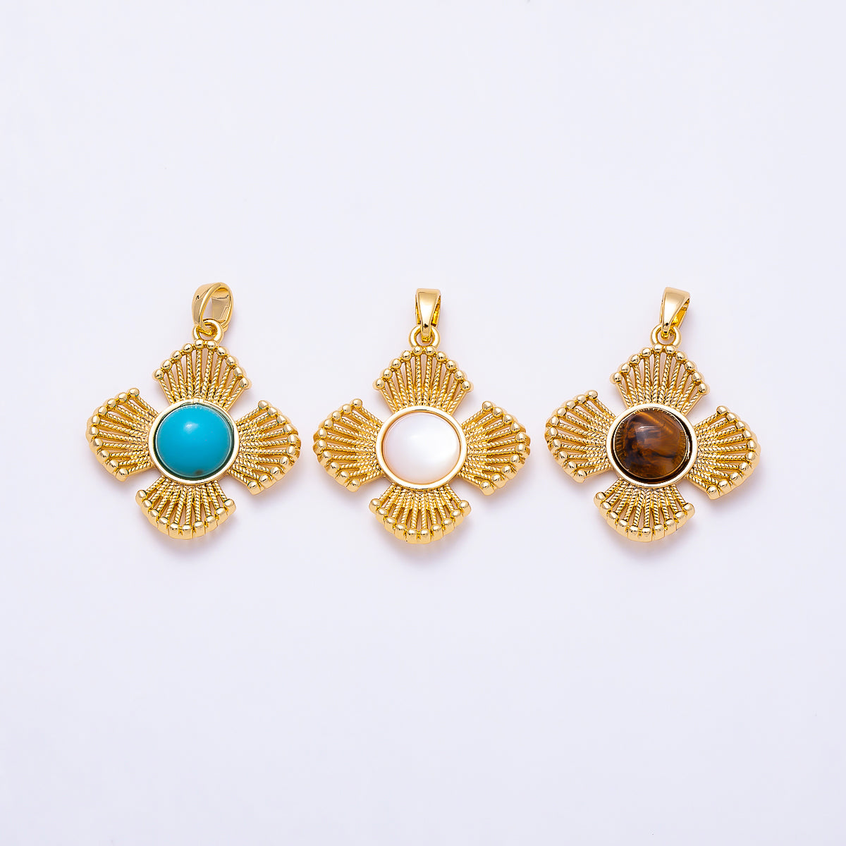 16K Gold Filled 25mm Turquoise, Tiger Eye, Shell Pearl Cabochon Dotted Geometric Flower Pendant | Charms-01553 ~ Charms-01555