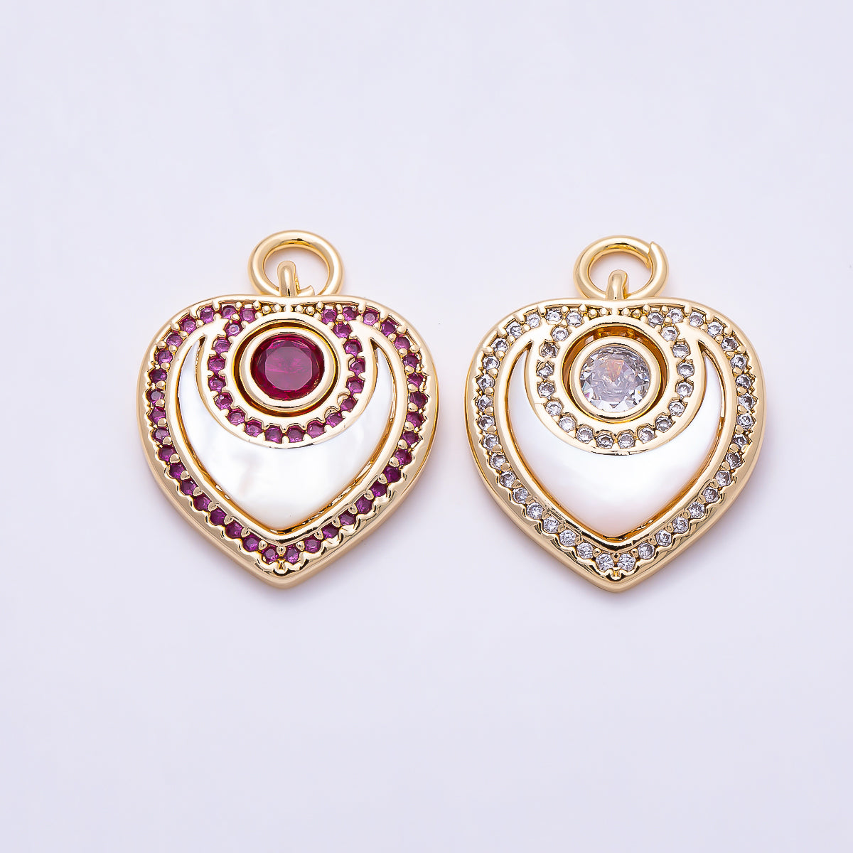 16K Gold Filled 18mm Fuchsia, Clear Micro Paved CZ Shell Pearl Heart Charm | Charms-01501 Charms-01502