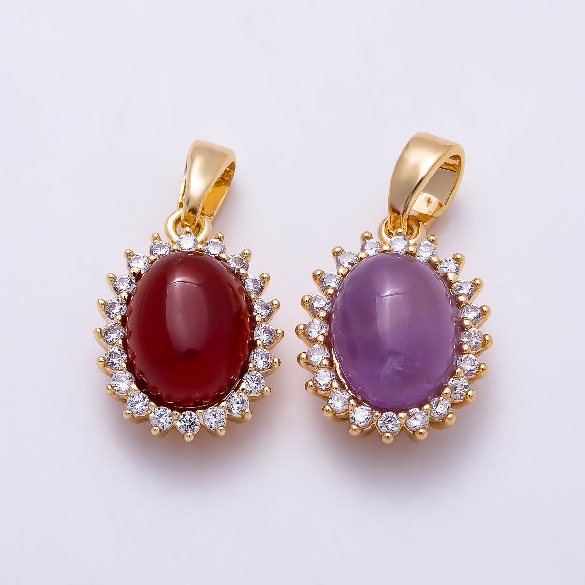 16K Gold Filled 14.5mm Carnelian, Amethyst Cabochon CZ Outline Oval Pendant | Charms-01497 Charms-01498