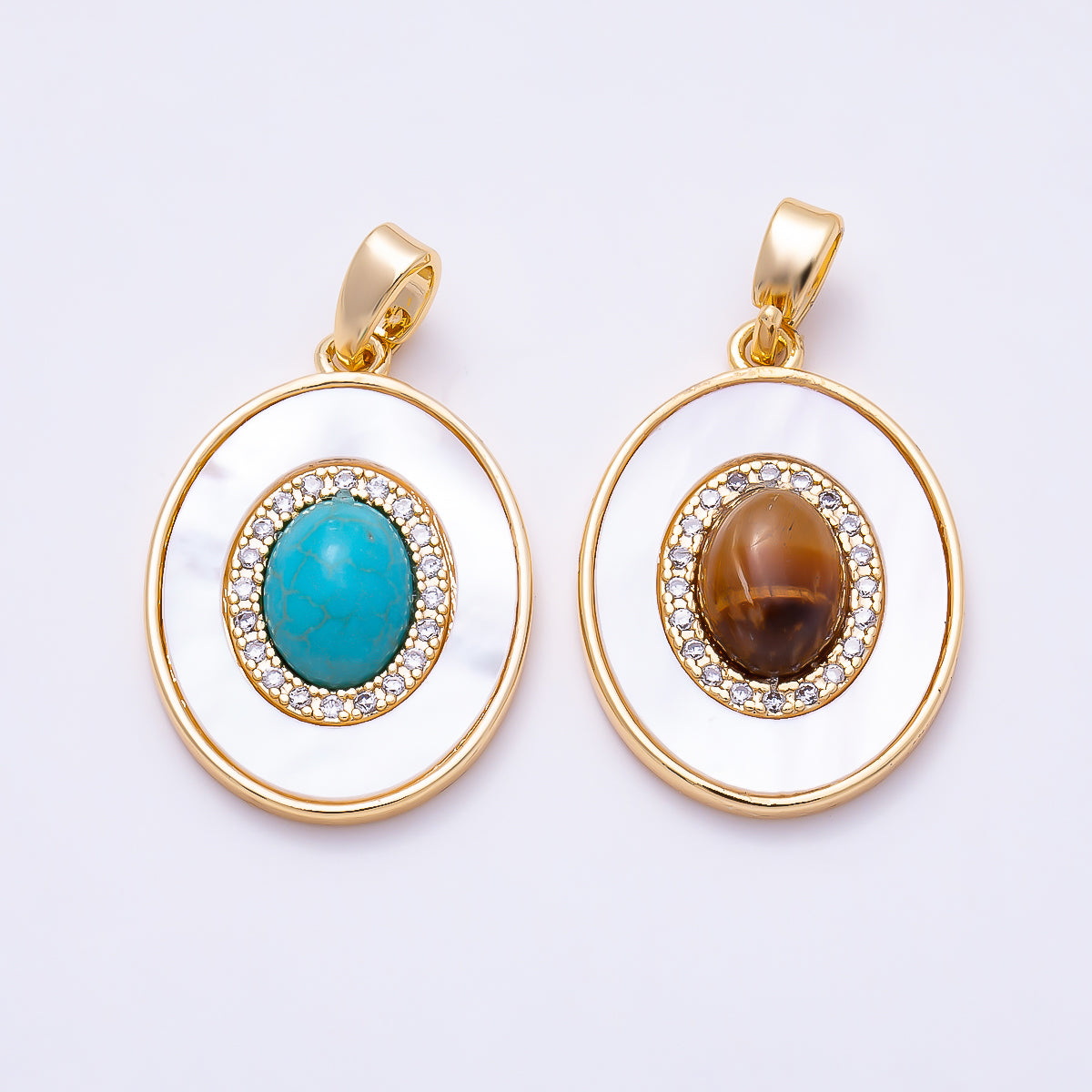16K Gold Filled 20mm Tiger Eye, Turquoise Shell Pearl Micro Paved CZ Cabochon Gemstone Oval Pendant | Charms-01584