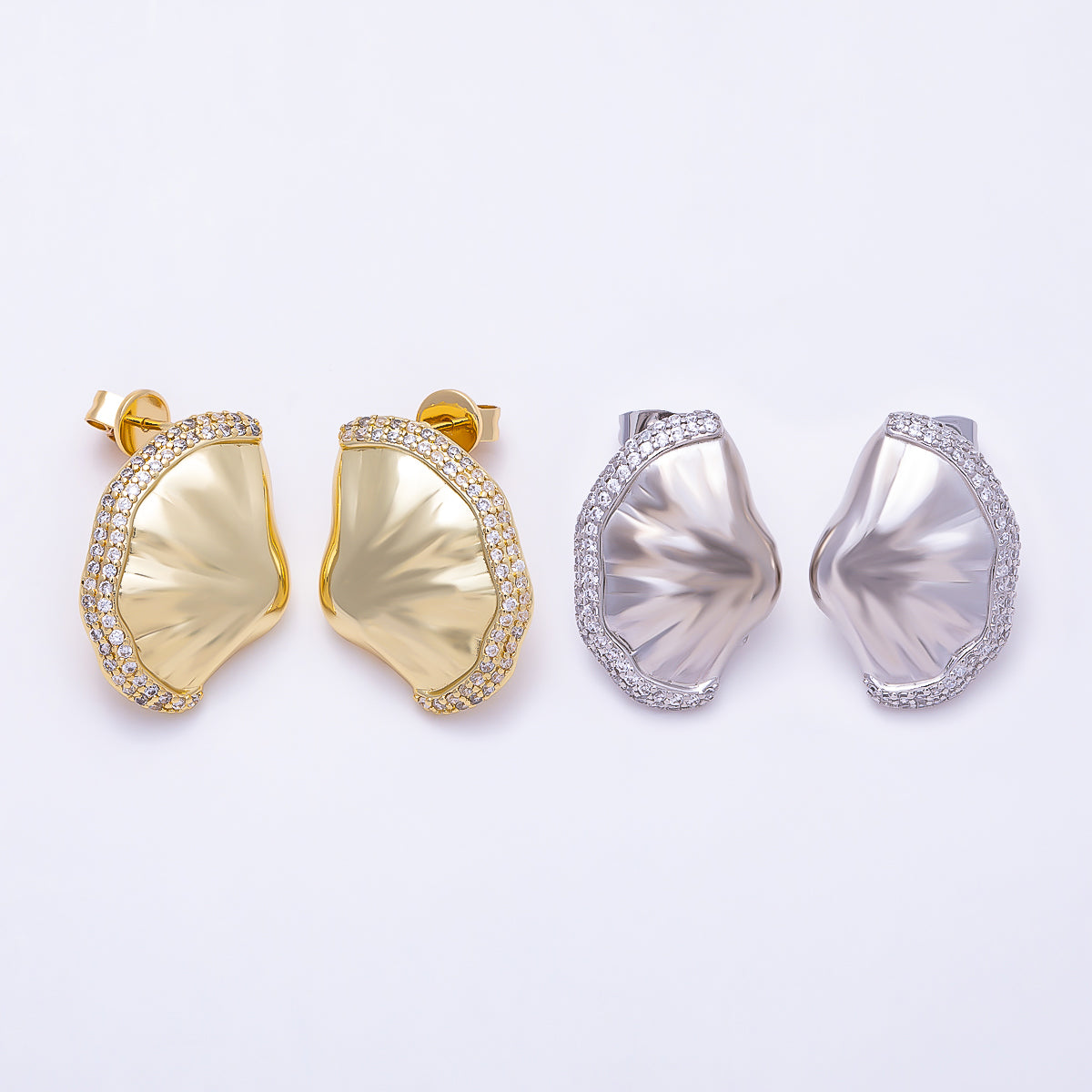 16K Gold Filled 26mm Clam Sea Shell Micro Paved CZ Stud Earrings in Gold & Silver | Findings-00486 Findings-00487