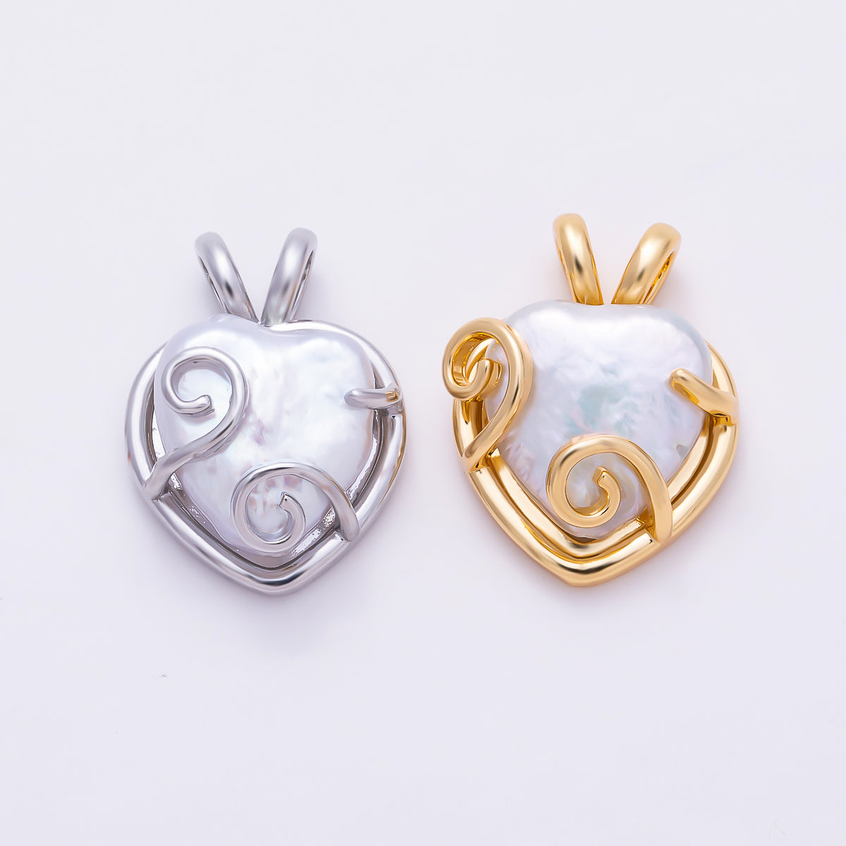 16K Gold Filled 21mm White Freshwater Pearl Swirl Wire Wrap Heart Pendant in Gold & Silver | Charms-01944 - Charms-01945