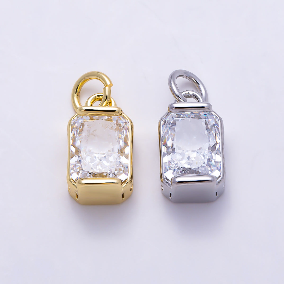 16K Gold Filled 12mm Clear CZ Baguette Lined Charm in Gold & Silver | Charms-01565 Charms-01566