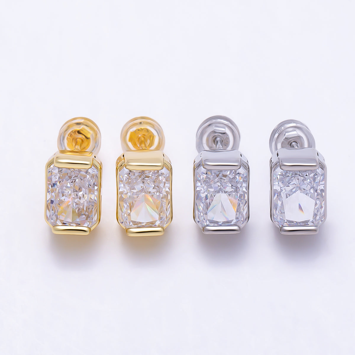16K Gold Filled 9.5mm Clear CZ Baguette Lined Stud Earrings in Gold & Silver | Earrings-00757 Earrings-00758