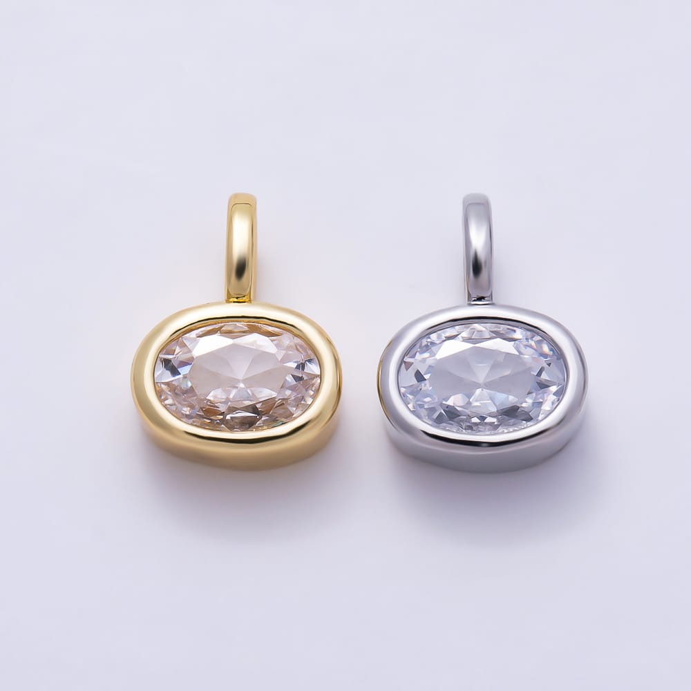 16K Gold Filled 11mm Clear CZ Oval Bezel Mini Pendant in Gold & Silver | Charms-02103 Charms-02104