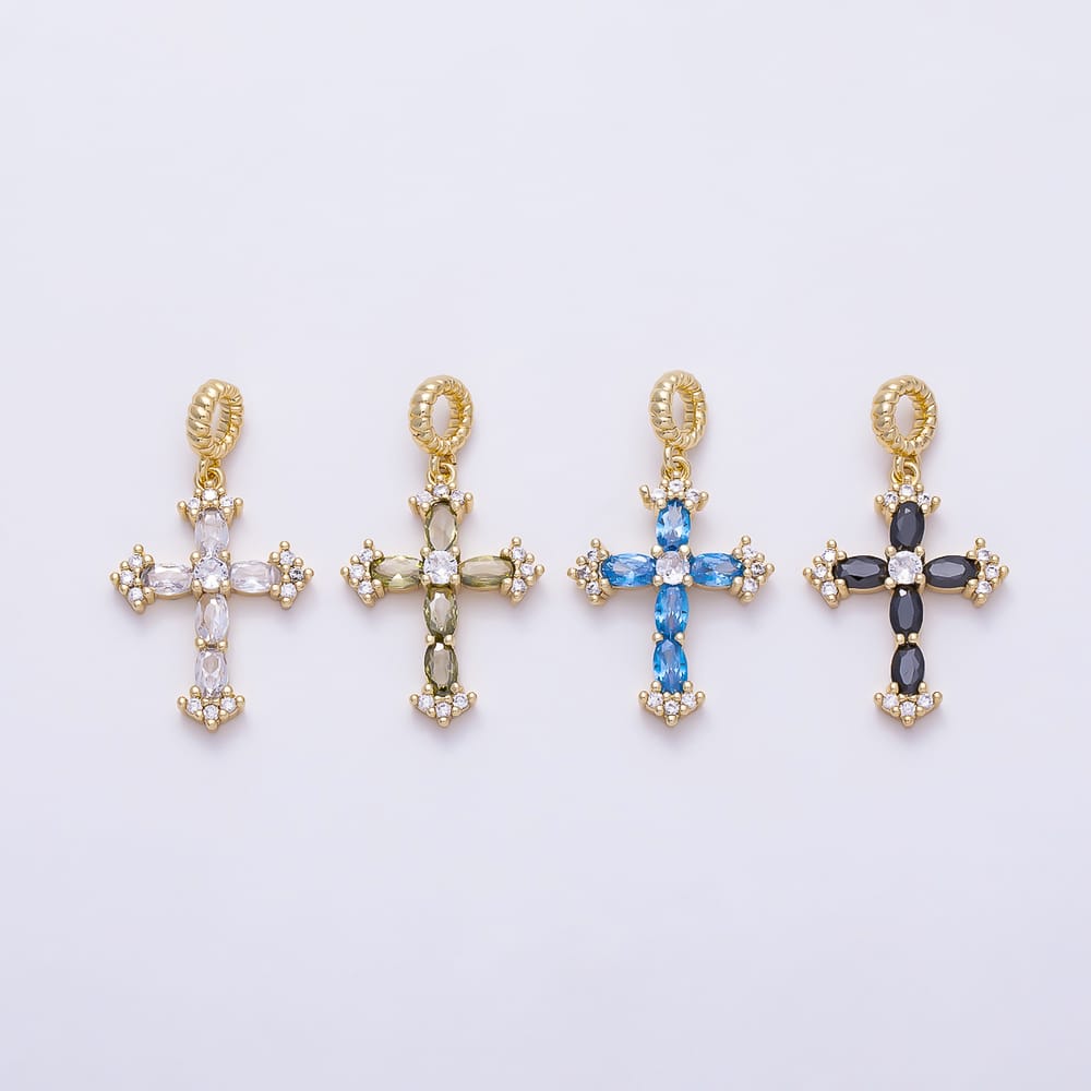 16K Gold Filled 25mm Colorful Vintage Oval CZ Cross Religious Charm | Charms-02197 - Charms- 02200